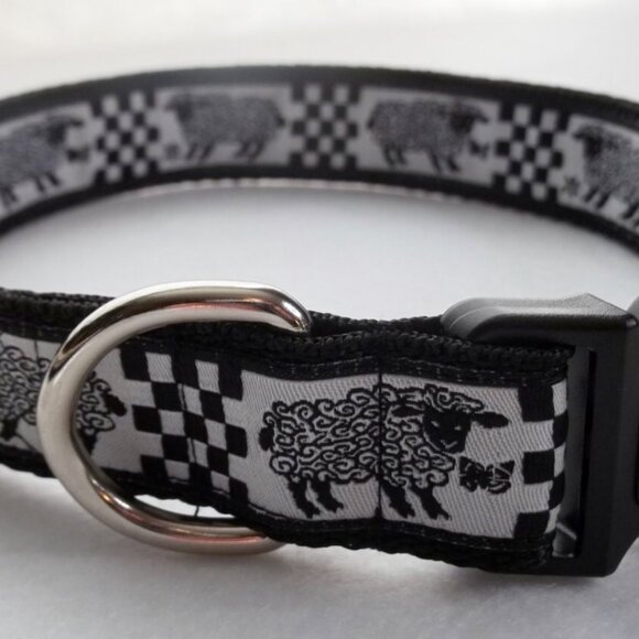 Black and White Sheep Dog Collar, Checker Broad Adjustable Pet Collar, Sz Large - Picture 2 of 6